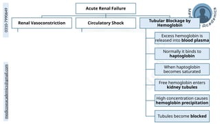 medicoseacademics@gmail.com
0310-7990649
Acute Renal Failure
Renal Vasoconstriction
Antigen–antibody
reaction releases toxic
substances
These substances
cause severe
constriction of renal
blood vessels
Renal blood flow
decreases
Kidney function
becomes impaired
Circulatory Shock
Massive RBC destruction
reduces oxygen
transport
Toxic substances enter
circulation
Blood pressure falls
sharply
This leads to circulatory
shock
Renal blood flow and
urine output decrease
Tubular Blockage by
Hemoglobin
Excess hemoglobin is
released into blood plasma
Normally it binds to
haptoglobin
When haptoglobin
becomes saturated
Free hemoglobin enters
kidney tubules
High concentration causes
hemoglobin precipitation
Tubules become blocked
 