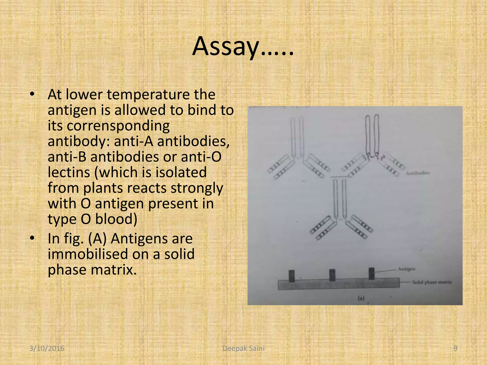 Assay…..
• At lower temperature the
antigen is allowed to bind to
its corrensponding
antibody: anti-A antibodies,
anti-B antibodies or anti-O
lectins (which is isolated
from plants reacts strongly
with O antigen present in
type O blood)
• In fig. (A) Antigens are
immobilised on a solid
phase matrix.
3/10/2016 9Deepak Saini
 