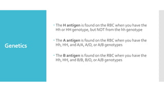 Genetics
 The H antigen is found on the RBC when you have the
Hh or HH genotype, but NOT from the hh genotype
 The A antigen is found on the RBC when you have the
Hh, HH, and A/A, A/O, orA/B genotypes
 The B antigen is found on the RBC when you have the
Hh, HH, and B/B, B/O, orA/B genotypes
 