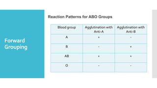 Forward
Grouping
Reaction Patterns for ABO Groups
Blood group Agglutination with
Anti-A
Agglutination with
Anti-B
A + -
B - +
AB + +
O - -
 