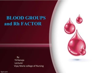 By
Y.V.Vanaja
Lecturer
Vijay Marie college of Nursing
BLOOD GROUPS
and Rh FACTOR
 