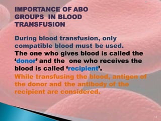 IMPORTANCE OF ABO
GROUPS IN BLOOD
TRANSFUSION
During blood transfusion, only
compatible blood must be used.
The one who gives blood is called the
‘donor’ and the one who receives the
blood is called ‘recipient’.
While transfusing the blood, antigen of
the donor and the antibody of the
recipient are considered.
12
 