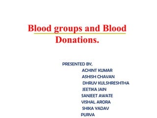 Blood groups and Blood
Donations.
PRESENTED BY,
ACHINT KUMAR
ASHISH CHAVAN
DHRUV KULSHRESHTHA
JEETIKA JAIN
SANJEET AWATE
VISHAL ARORA
SHIKA YADAV
PURVA
 