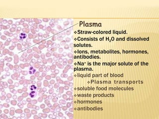 Plasma
Straw-colored liquid.
Consists of H20 and dissolved
solutes.
Ions, metabolites, hormones,
antibodies.
Na+ is the major solute of the
plasma.
liquid part of blood
Plasma transports
soluble food molecules
waste products
hormones
antibodies
 