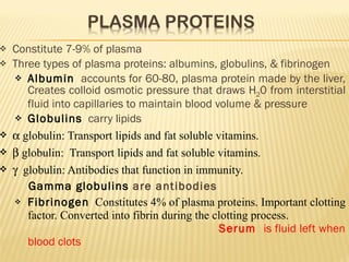 Constitute 7-9% of plasma Three types of plasma proteins: albumins, globulins, & fibrinogen Albumin   accounts for 60-80,  plasma protein made by the liver,  Creates colloid osmotic pressure that draws H 2 0 from interstitial fluid into capillaries to maintain blood volume & pressure   Globulins   carry lipids  globulin: Transport lipids and fat soluble vitamins.  globulin:  Transport lipids and fat soluble vitamins.    globulin: Antibodies that function in immunity. Gamma globulins  are antibodies Fibrinogen   Constitutes 4% of plasma proteins. Important clotting factor. Converted into fibrin during the clotting process.  Serum  is fluid left when blood clots 