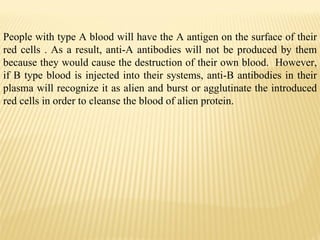 People with type A blood will have the A antigen on the surface of their red cells . As a result, anti-A antibodies will not be produced by them because they would cause the destruction of their own blood.  However, if B type blood is injected into their systems, anti-B antibodies in their plasma will recognize it as alien and burst or agglutinate the introduced red cells in order to cleanse the blood of alien protein. 