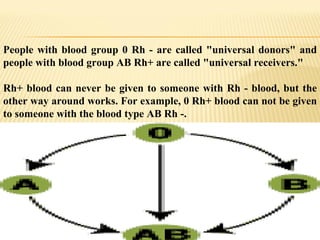 People with blood group 0 Rh - are called "universal donors" and people with blood group AB Rh+ are called "universal receivers."  Rh+ blood can never be given to someone with Rh - blood, but the other way around works. For example, 0 Rh+ blood can not be given to someone with the blood type AB Rh -. 