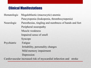 Clinical Manifestations
Hematologic Megaloblastic (macrocytic) anemia
Pancytopenia (leukopenia, thrombocytopenia)
Neurologic Paresthesias, tingling and numbness of hands and feet
Peripheral neuropathy
Muscle weakness
Impaired sense of smell
Syncope
Psychiatric Fatigue
Irritability, personality changes
Mild memory impairment
Depression
Cardiovascular increased risk of myocardial infarction and stroke
 