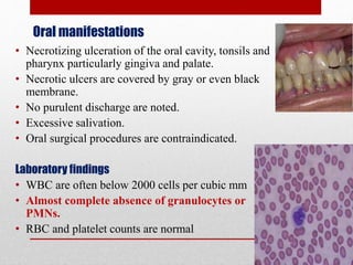 Oral manifestations
• Necrotizing ulceration of the oral cavity, tonsils and
pharynx particularly gingiva and palate.
• Necrotic ulcers are covered by gray or even black
membrane.
• No purulent discharge are noted.
• Excessive salivation.
• Oral surgical procedures are contraindicated.
Laboratory findings
• WBC are often below 2000 cells per cubic mm
• Almost complete absence of granulocytes or
PMNs.
• RBC and platelet counts are normal
 