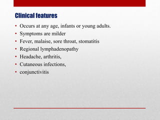 Clinical features
• Occurs at any age, infants or young adults.
• Symptoms are milder
• Fever, malaise, sore throat, stomatitis
• Regional lymphadenopathy
• Headache, arthritis,
• Cutaneous infections,
• conjunctivitis
 