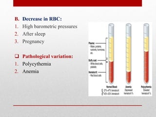 B. Decrease in RBC:
1. High barometric pressures
2. After sleep
3. Pregnancy
 Pathological variation:
1. Polycythemia
2. Anemia
 
