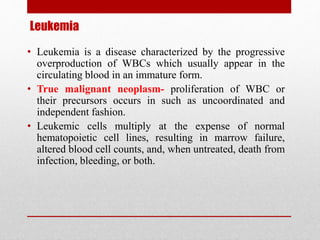 ACUTE LEUKEMIA
Acute Lymphocytic/Lymphoblastic Leukemia
• ALL is the clonal proliferation of lymphoid cells that
have unde...