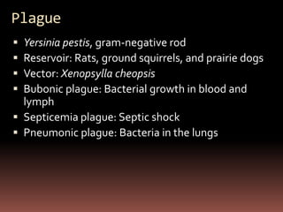 Plague
 Yersinia pestis, gram-negative rod
 Reservoir: Rats, ground squirrels, and prairie dogs
 Vector: Xenopsylla cheopsis
 Bubonic plague: Bacterial growth in blood and
  lymph
 Septicemia plague: Septic shock
 Pneumonic plague: Bacteria in the lungs
 
