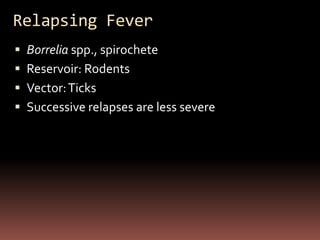 Relapsing Fever
 Borrelia spp., spirochete
 Reservoir: Rodents
 Vector: Ticks
 Successive relapses are less severe
 