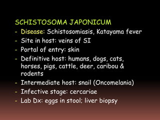 SCHISTOSOMA JAPONICUM
- Disease: Schistosomiasis, Katayama fever
- Site in host: veins of SI
- Portal of entry: skin
- Definitive host: humans, dogs, cats,
  horses, pigs, cattle, deer, caribou &
  rodents
- Intermediate host: snail (Oncomelania)
- Infective stage: cercariae
- Lab Dx: eggs in stool; liver biopsy
 