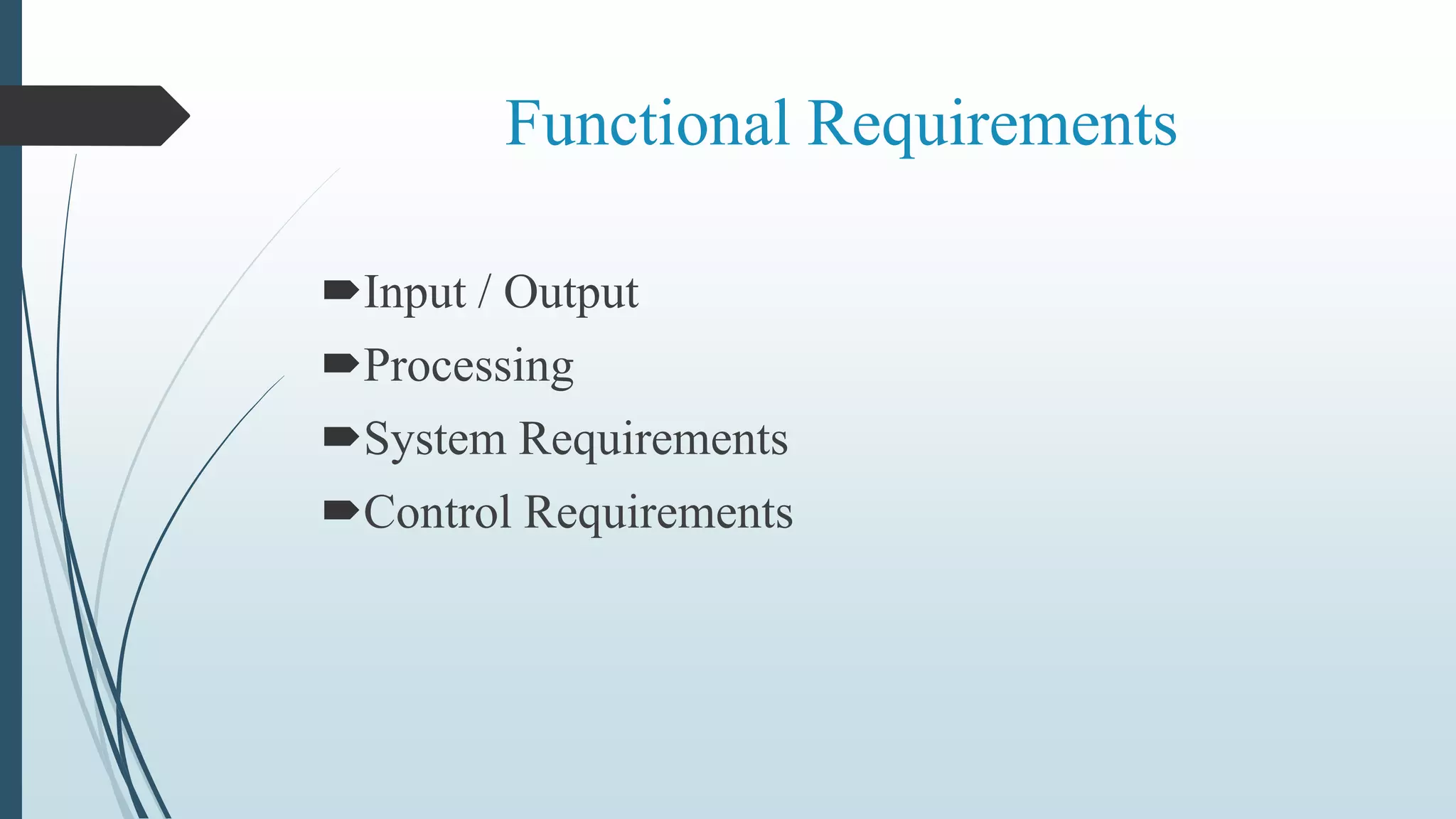 Functional Requirements
Input / Output
Processing
System Requirements
Control Requirements
 