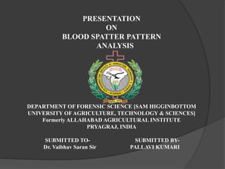 PRESENTATION
ON
BLOOD SPATTER PATTERN
ANALYSIS
DEPARTMENT OF FORENSIC SCIENCE [SAM HIGGINBOTTOM
UNIVERSITY OF AGRICULTURE, TECHNOLOGY & SCIENCES]
Formerly ALLAHABAD AGRICULTURAL INSTITUTE
PRYAGRAJ, INDIA
SUBMITTED TO- SUBMITTED BY-
Dr. Vaibhav Saran Sir PALLAVI KUMARI
 