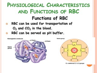 PHYSIOLOGICAL CHARACTERISTICS
    AND FUNCTIONS OF RBC
                Functions of RBC
   RBC can be used for transportation of
     O2 and CO2 in the blood.
   RBC can be served as pH buffer.
 