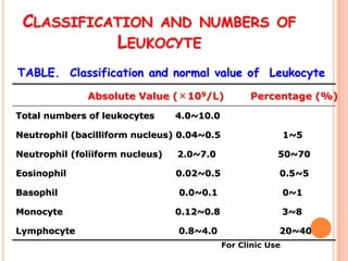 CLASSIFICATION AND NUMBERS                              OF
           LEUKOCYTE
TABLE. Classification and normal value of Leukocyte
              Absolute Value (×109/L)             Percentage (%)
Total numbers of leukocytes      4.0~10.0

Neutrophil (bacilliform nucleus) 0.04~0.5                    1~5

Neutrophil (foliiform nucleus)   2.0~7.0                 50~70

Eosinophil                       0.02~0.5                0.5~5

Basophil                         0.0~0.1                     0~1

Monocyte                         0.12~0.8                    3~8

Lymphocyte                       0.8~4.0                 20~40
                                            For Clinic Use
 