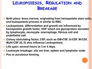 LEUKOPOIESIS, REGULATION AND
                  BREAKAGE

   Birth place: bone marrow, originating from hemopoietic stem cells,
    and leukopoiesis process is similar to RBC.
   Leukopoiesis, differentiation and growth are influenced by
    hemopoietic growth factor, HGF which are glycoprotein secreted
    by lymphocyte, monocyte- macrophage, fibrous cell and
    endothelial cell.
   Colony stimulating factor, CSF, such as GM-CSF, G-CSF, M-CSF,
    Multi-CSF (IL-3) also influence Leukopoiesis.
   Life span: several hours to 3 or 4 days.
   Leukocyte breakage: site are liver, spleen and lymphatic node.
   Pus or purulence forming
 