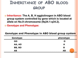 INHERITANCE OF ABO BLOOD
                      GROUP

 Inheritance: The A, B, H agglutinogen in ABO blood
  group system controlled by gene which is located at
  allele on No.9 chromosome (9q34.1-q34.2).
 Genotype and Phenotype:



Genotype and Phenotype in ABO blood group system
     Genotype                             phenotype
       OO                                     O
       AA, AO                                 A
       BB, BO                                 B
       AB                                    AB
 
