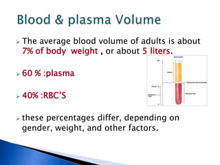  The average blood volume of adults is about
7% of body weight , or about 5 liters.
 60 % :plasma
 40% :RBC’S
 these percentages differ, depending on
gender, weight, and other factors.
 