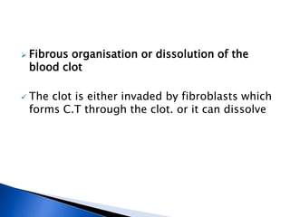  Fibrous organisation or dissolution of the
blood clot
 The clot is either invaded by fibroblasts which
forms C.T through the clot. or it can dissolve
 