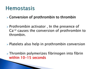 Conversion of prothrombin to thrombin
 Prothrombin activator , In the presence of
Ca⁺² causes the conversion of prothrombin to
thrombin.
 Platelets also help in prothrombin conversion
 Thrombin polymerizes fibrinogen into fibrin
within 10-15 seconds
 