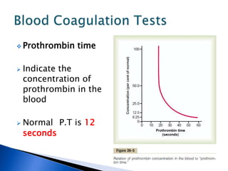  Prothrombin time
 Indicate the
concentration of
prothrombin in the
blood
 Normal P.T is 12
seconds
 
