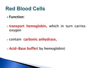  Function:
 transport hemoglobin, which in turn carries
oxygen
 contain carbonic anhydrase,
 Acid-Base buffer( by hemoglobin)
 
