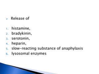  Release of
1. histamine,
2. bradykinin,
3. serotonin,
4. heparin,
5. slow-reacting substance of anaphylaxis
6. lysosomal enzymes
 
