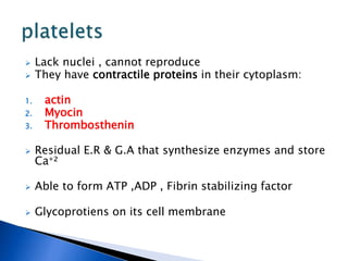  Lack nuclei , cannot reproduce
 They have contractile proteins in their cytoplasm:
1. actin
2. Myocin
3. Thrombosthenin
 Residual E.R & G.A that synthesize enzymes and store
Ca⁺²
 Able to form ATP ,ADP , Fibrin stabilizing factor
 Glycoprotiens on its cell membrane
 