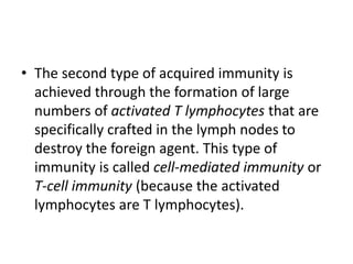 • The second type of acquired immunity is
achieved through the formation of large
numbers of activated T lymphocytes that are
specifically crafted in the lymph nodes to
destroy the foreign agent. This type of
immunity is called cell-mediated immunity or
T-cell immunity (because the activated
lymphocytes are T lymphocytes).
 