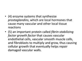 • (4) enzyme systems that synthesize
prostaglandins, which are local hormones that
cause many vascular and other local tissue
reactions
• (5) an important protein called fibrin-stabilizing
factor growth factor that causes vascular
endothelial cells, vascular smooth muscle cells,
and fibroblasts to multiply and grow, thus causing
cellular growth that eventually helps repair
damaged vascular walls.
 
