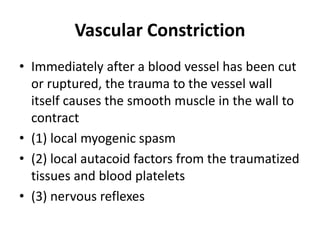 Vascular Constriction
• Immediately after a blood vessel has been cut
or ruptured, the trauma to the vessel wall
itself causes the smooth muscle in the wall to
contract
• (1) local myogenic spasm
• (2) local autacoid factors from the traumatized
tissues and blood platelets
• (3) nervous reflexes
 