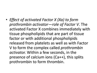• Effect of activated Factor X (Xa) to form
prothrombin activator—role of Factor V. The
activated Factor X combines immediately with
tissue phospholipids that are part of tissue
factor or with additional phospholipids
released from platelets as well as with Factor
V to form the complex called prothrombin
activator. Within a few seconds, in the
presence of calcium ions (Ca++), this splits
prothrombin to form thrombin.
 