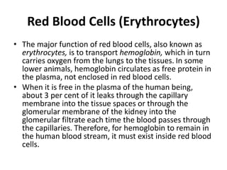 Red Blood Cells (Erythrocytes)
• The major function of red blood cells, also known as
erythrocytes, is to transport hemoglobin, which in turn
carries oxygen from the lungs to the tissues. In some
lower animals, hemoglobin circulates as free protein in
the plasma, not enclosed in red blood cells.
• When it is free in the plasma of the human being,
about 3 per cent of it leaks through the capillary
membrane into the tissue spaces or through the
glomerular membrane of the kidney into the
glomerular filtrate each time the blood passes through
the capillaries. Therefore, for hemoglobin to remain in
the human blood stream, it must exist inside red blood
cells.
 