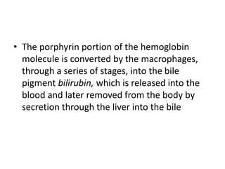 • The porphyrin portion of the hemoglobin
molecule is converted by the macrophages,
through a series of stages, into the bile
pigment bilirubin, which is released into the
blood and later removed from the body by
secretion through the liver into the bile
 