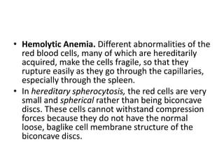 • Hemolytic Anemia. Different abnormalities of the
red blood cells, many of which are hereditarily
acquired, make the cells fragile, so that they
rupture easily as they go through the capillaries,
especially through the spleen.
• In hereditary spherocytosis, the red cells are very
small and spherical rather than being biconcave
discs. These cells cannot withstand compression
forces because they do not have the normal
loose, baglike cell membrane structure of the
biconcave discs.
 