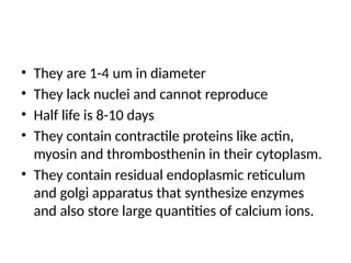 • They are 1-4 um in diameter
• They lack nuclei and cannot reproduce
• Half life is 8-10 days
• They contain contractile proteins like actin,
myosin and thrombosthenin in their cytoplasm.
• They contain residual endoplasmic reticulum
and golgi apparatus that synthesize enzymes
and also store large quantities of calcium ions.
 