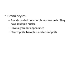 • Granulocytes
– Are also called polymorphonuclear cells. They
have multiple nuclei.
– Have a granular appearance
– Neutrophils, basophils and eosinophils.
 