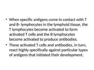 • When specific antigens come in contact with T
and B- lymphocytes in the lymphoid tissue, the
T lymphocytes become activated to form
activated T cells and the B lymphocytes
become activated to produce antibodies.
• These activated T cells and antibodies, in turn,
react highly specifically against particular types
of antigens that initiated their development.
 