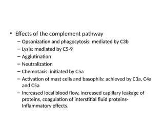 • Effects of the complement pathway
– Opsonization and phagocytosis: mediated by C3b
– Lysis: mediated by C5-9
– Agglutination
– Neutralization
– Chemotaxis: initiated by C5a
– Activation of mast cells and basophils: achieved by C3a, C4a
and C5a
– Increased local blood flow, increased capillary leakage of
proteins, coagulation of interstitial fluid proteins-
Inflammatory effects.
 