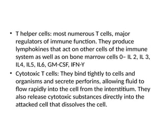 • T helper cells: most numerous T cells, major
regulators of immune function. They produce
lymphokines that act on other cells of the immune
system as well as on bone marrow cells 0– IL 2, IL 3,
IL4, IL5, IL6, GM-CSF, IFN-Y
• Cytotoxic T cells: They bind tightly to cells and
organisms and secrete perforins, allowing fluid to
flow rapidly into the cell from the interstitium. They
also release cytotoxic substances directly into the
attacked cell that dissolves the cell.
 