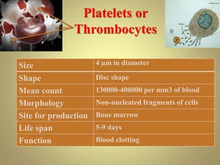 Platelets or
Thrombocytes
Size 4 µm in diameter
Shape Disc shape
Mean count 130000-400000 per mm3 of blood
Morphology Non-nucleated fragments of cells
Site for production Bone marrow
Life span 5-9 days
Function Blood clotting
 