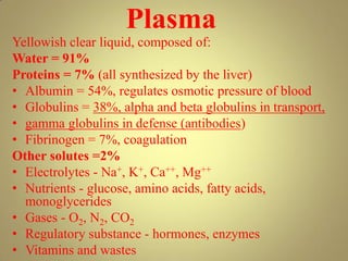 Plasma
Yellowish clear liquid, composed of:
Water = 91%
Proteins = 7% (all synthesized by the liver)
• Albumin = 54%, regulates osmotic pressure of blood
• Globulins = 38%, alpha and beta globulins in transport,
• gamma globulins in defense (antibodies)
• Fibrinogen = 7%, coagulation
Other solutes =2%
• Electrolytes - Na+, K+, Ca++, Mg++
• Nutrients - glucose, amino acids, fatty acids,
monoglycerides
• Gases - O2, N2, CO2
• Regulatory substance - hormones, enzymes
• Vitamins and wastes
 
