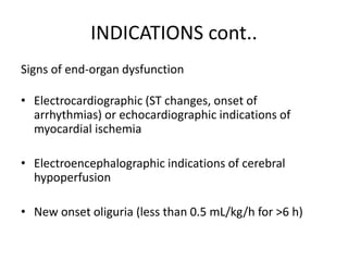 INDICATIONS cont..
Signs of end-organ dysfunction
• Electrocardiographic (ST changes, onset of
arrhythmias) or echocardiographic indications of
myocardial ischemia
• Electroencephalographic indications of cerebral
hypoperfusion
• New onset oliguria (less than 0.5 mL/kg/h for >6 h)
 