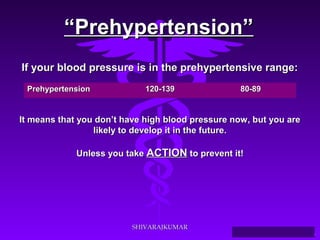 ““PPrreehhyyppeerrtteennssiioonn”” 
If your blood pressure is in the prehypertensive rraannggee:: 
PPrreehhyyppeerrtteennssiioonn 112200--113399 8800--8899 
IItt mmeeaannss tthhaatt yyoouu ddoonn’’tt hhaavvee hhiigghh bblloooodd pprreessssuurree nnooww,, bbuutt yyoouu aarree 
Source: Your Guide To Lowering Blood Pressure, www.nhlbi.nih.govc 
lliikkeellyy ttoo ddeevveelloopp iitt iinn tthhee ffuuttuurree.. 
UUnnlleessss yyoouu ttaakkee AACCTTIIOONN ttoo pprreevveenntt iitt!! 
SSHHIIVVAARRAAJJKKUUMMAARR 
 
