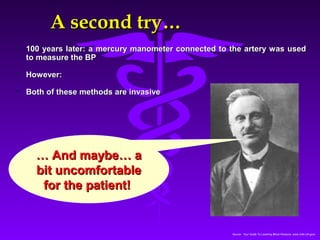 Source: Your Guide To Lowering Blood Pressure, www.nhlbi.nih.govc 
AA sseeccoonndd ttrryy…… 
 1100 yyeeaarrss llaatteerr:: aa mmeerrccuurryy mmaannoommeetteerr ccoonnnneecctteedd ttoo tthhee aarrtteerryy wwaass uusseedd 
ttoo mmeeaassuurree tthhee BBPP 
 HHoowweevveerr:: 
 BBootthh ooff tthheessee mmeetthhooddss aarree iinnvvaassiivvee 
…… AAnndd mmaayybbee…… aa 
bbiitt uunnccoommffoorrttaabbllee 
ffoorr tthhee ppaattiieenntt!! 
 