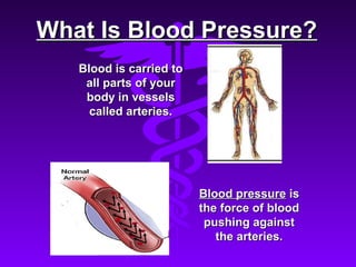 WWhhaatt IIss BBlloooodd PPrreessssuurree?? 
BBlloooodd pprreessssuurree iiss 
tthhee ffoorrccee ooff bblloooodd 
ppuusshhiinngg aaggaaiinnsstt 
tthhee aarrtteerriieess.. 
BBlloooodd iiss ccaarrrriieedd ttoo 
aallll ppaarrttss ooff yyoouurr 
bbooddyy iinn vveesssseellss 
ccaalllleedd aarrtteerriieess.. 
 